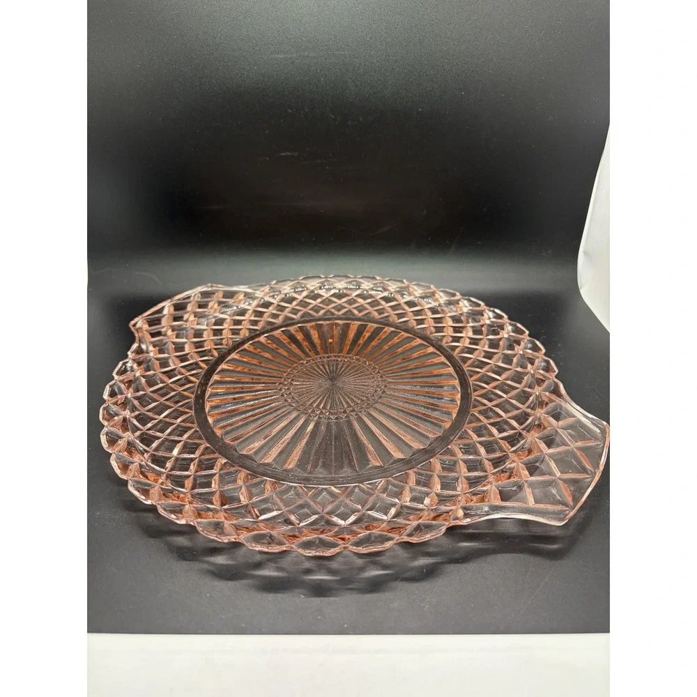 Vtg Anchor Hocking Waterford‎ Pink Glass Round Platter Cake Plate Handled 10